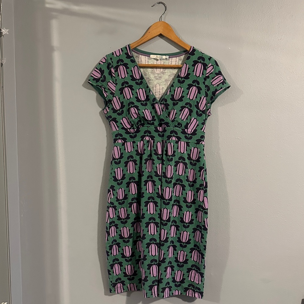 Boden Green Midi Dress with Pink Pattern